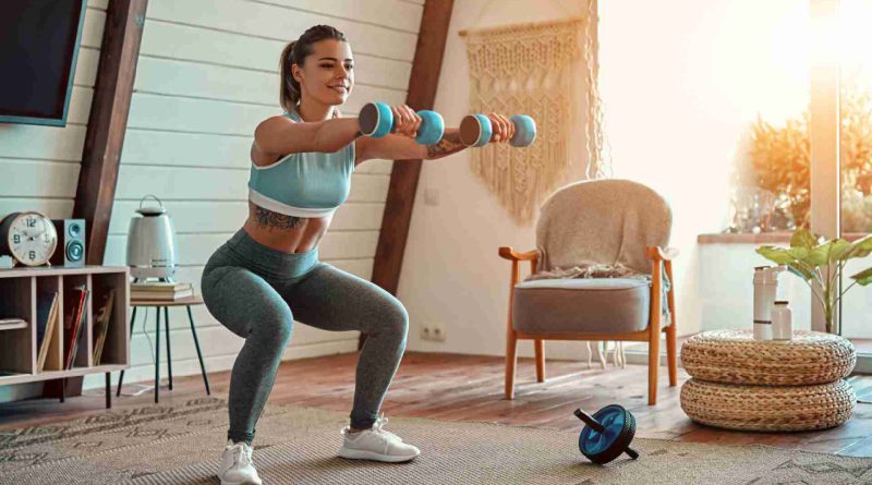 quipamentos para musculação em casa com halteres, elásticos e colchonete