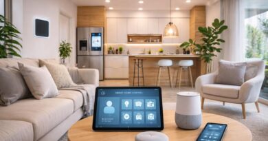 Dispositivos para casa inteligente como assistente de voz, lâmpadas, câmeras e tomadas Wi-Fi organizados em uma sala moderna