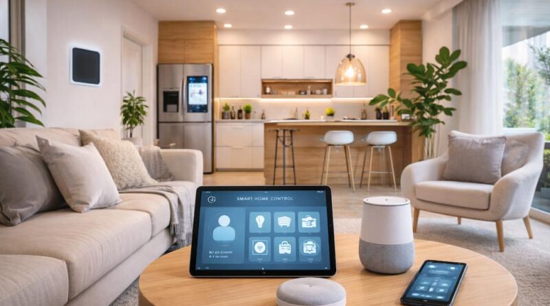 Dispositivos para casa inteligente como assistente de voz, lâmpadas, câmeras e tomadas Wi-Fi organizados em uma sala moderna