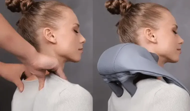 Três massageadores cervicais elétricos posicionados sobre uma superfície de madeira, destacando modelos para relaxamento do pescoço e ombros.